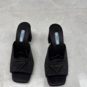 Prada Black Crystal-Embellished Slip-On Block-Heel Mules
